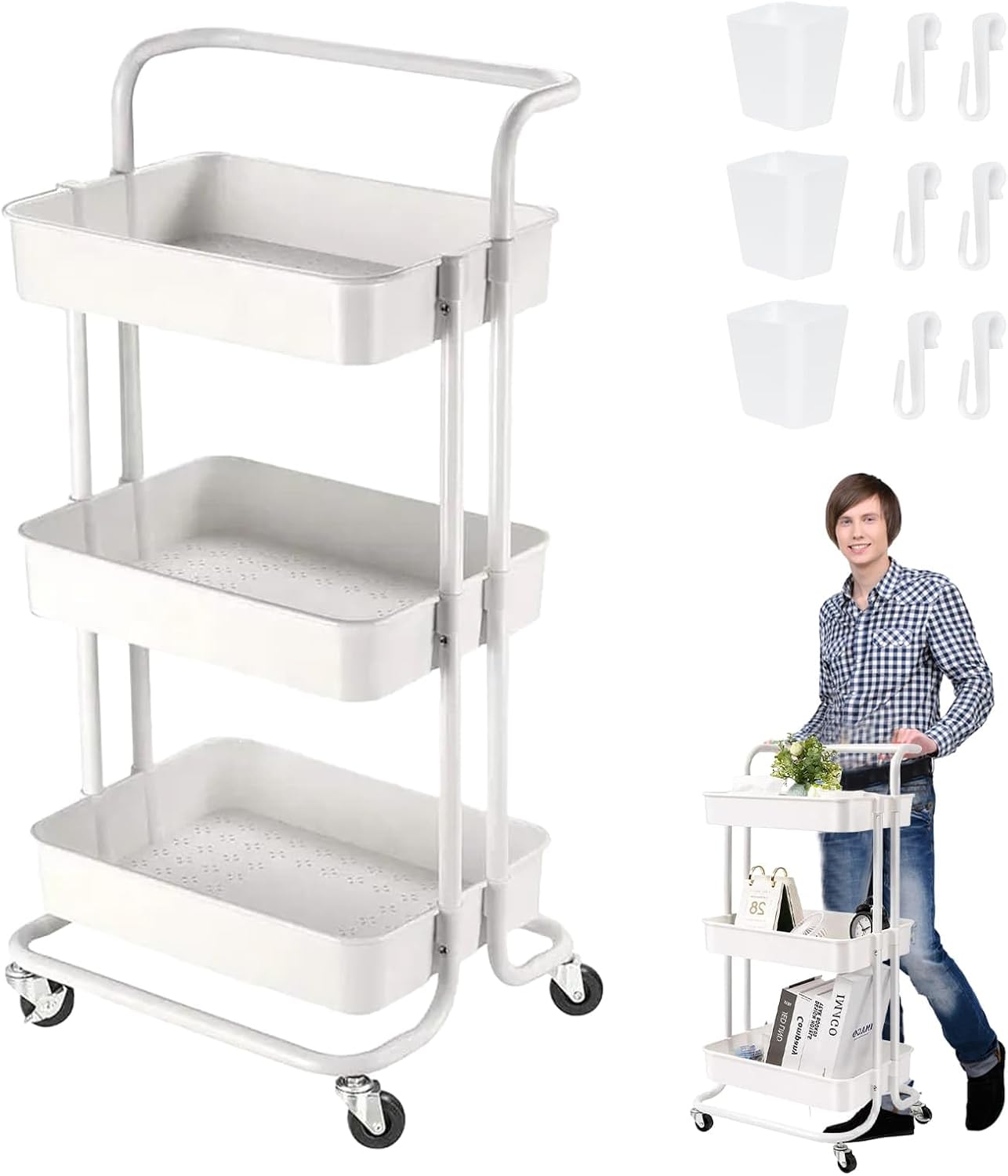 3 Tier Trolley Rolling Utility Storage Car with Wheels&Hanging Cups&Hooks